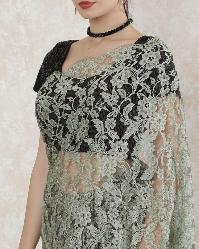 Vista green, grey Premium two tone French chantilly lace saree in floral design-D14539