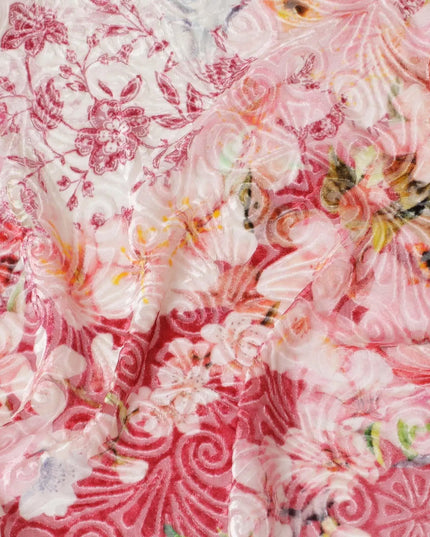 White Premium Italian silk chiffon dirac with multicolor print having same tone velvet jacquard in floral design-D8689 Regal Fabrics