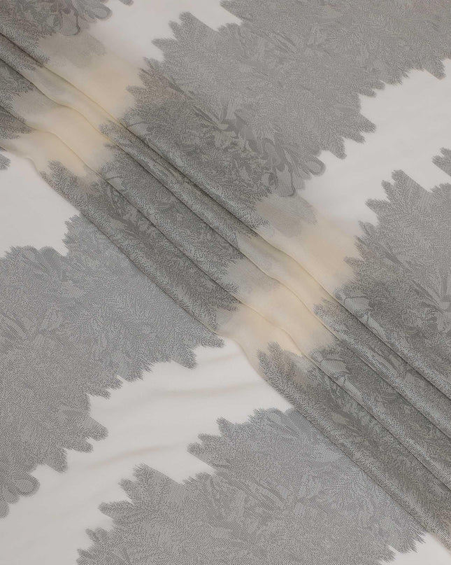 قماش شيفون حريري فرنسي خالص (فرنساوي) باللون البيج الفاتح مع لوركس معدني رمادي بتصميم فاخر-D13302