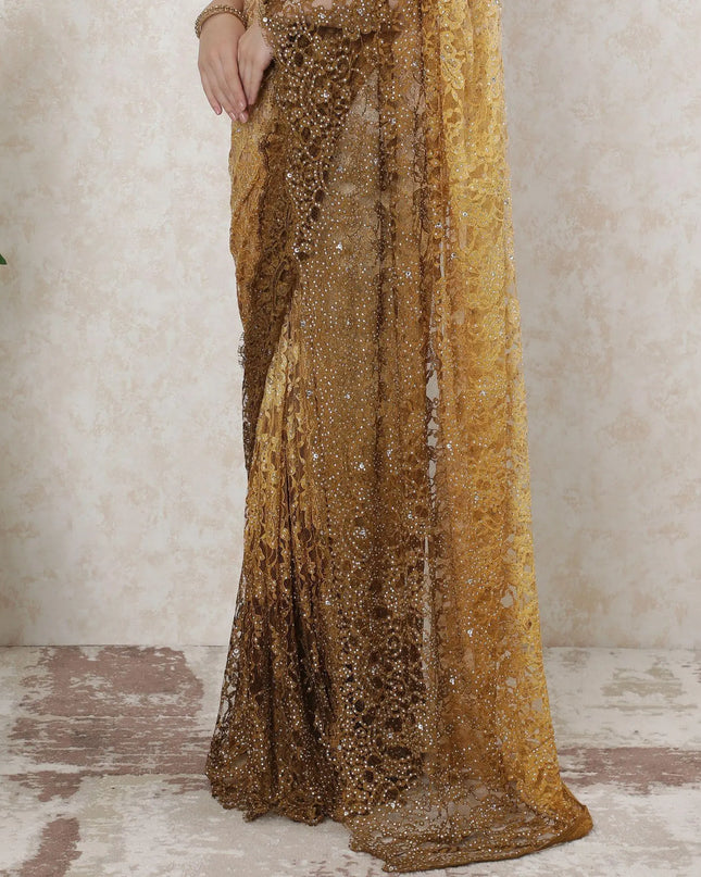 Gold to mustard brown Premium Pure French chantilly lace saree having stone work in Ombre design-D14490 Regal Fabrics