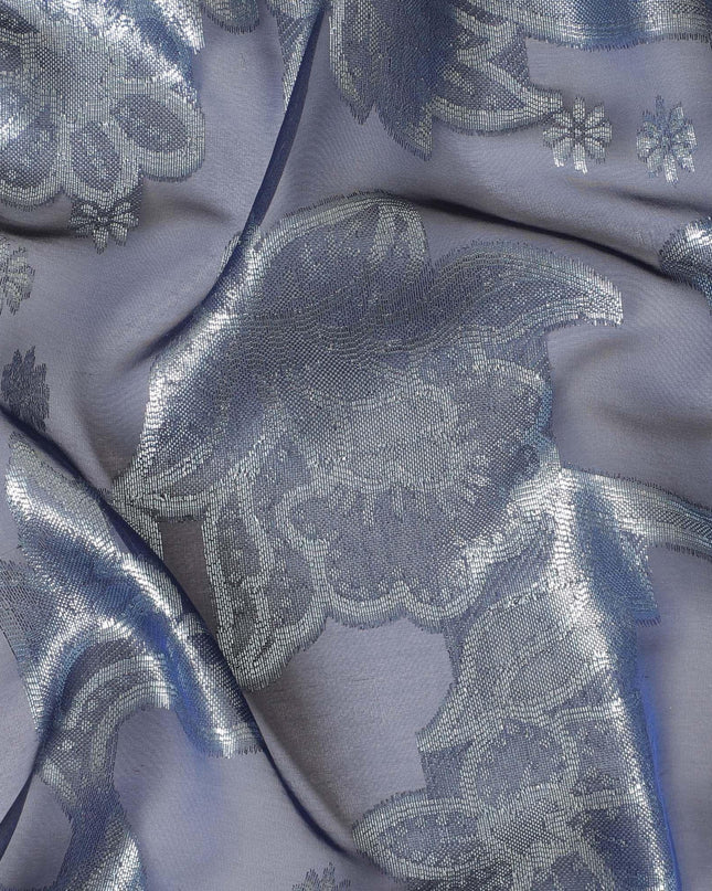 Blue Premium French (Fransawi) pure silk chiffon fabric with silver metallic lurex in floral design-D8331