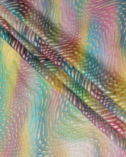 قماش شيفون حريري خالص مطبوع متعدد الألوان مع لوركس معدني ذهبي وفضي بتصميم تجريدي-D12431