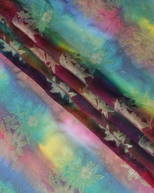 قماش شيفون حريري خالص مطبوع متعدد الألوان مع لوركس معدني ذهبي وفضي بتصميم زهور-D12421