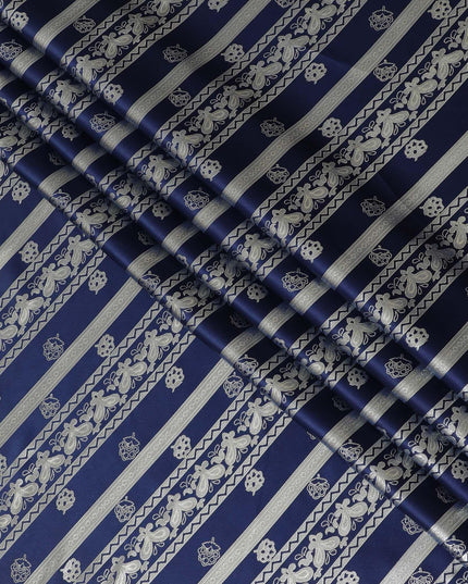 Royal blue pure silk satin fabric with same tone and silver film metallic in stripe design-D11048
