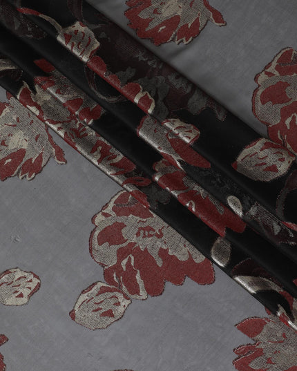 Black premium pure French (Fransawi) silk chiffon fabric with maroon viscose and gold metallic lurex in floral design-D10583