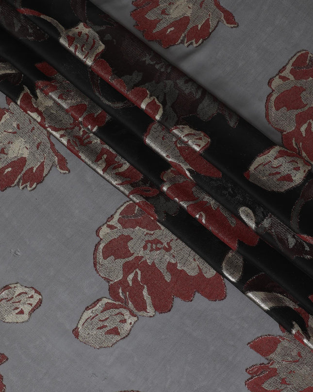 Black premium pure French (Fransawi) silk chiffon fabric with maroon viscose and gold metallic lurex in floral design-D10583