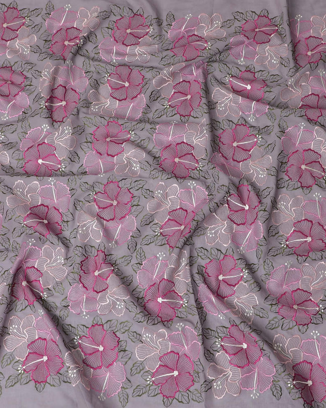 Light lavender Premium pure cotton voile fabric with magenta pink, oliv egreen, light pink and beige embroidery in floral design-D15249