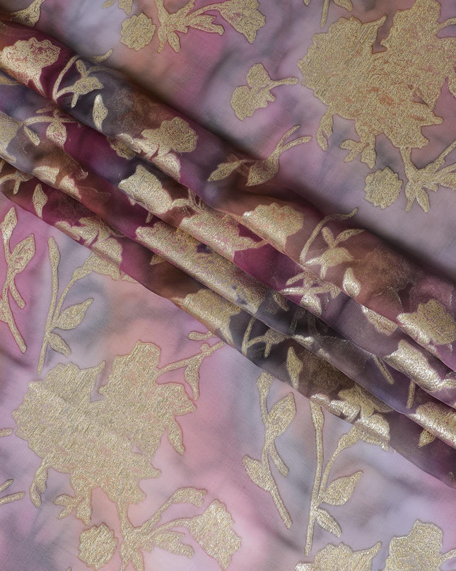شيفون من الحرير الخالص متعدد الألوان مع لوريكس معدني ذهبي بتصميم الأزهار-D11381