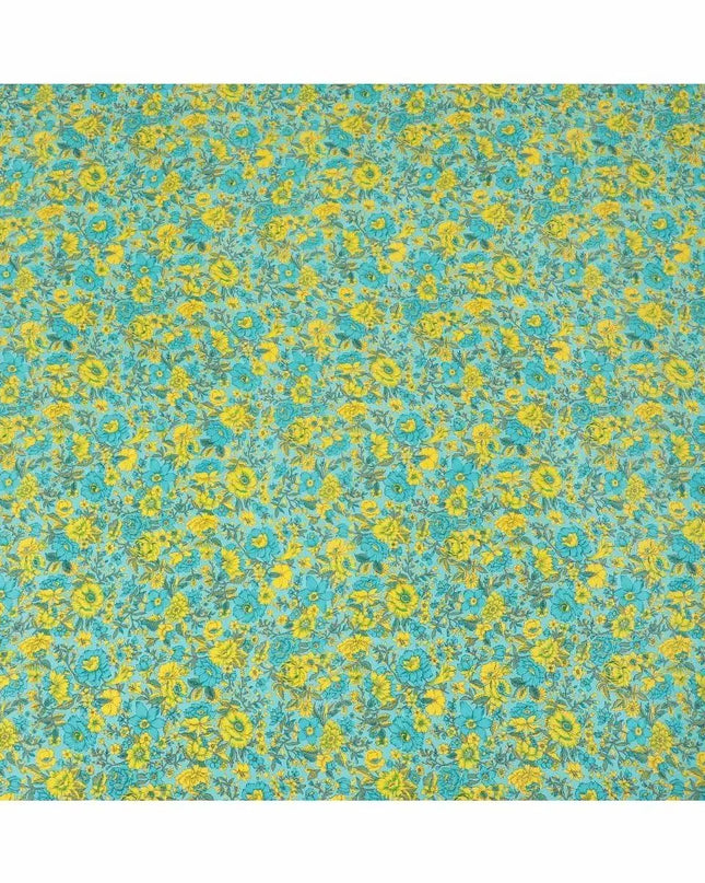 Turquoise blue silk crepe fabric with yellow, green and blye prints in floral design - D9911 Regal Fabrics
