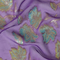Purple premium pure silk chiffon fabric with blue, sage green viscose having gold metallic lurex in floral design-D14130