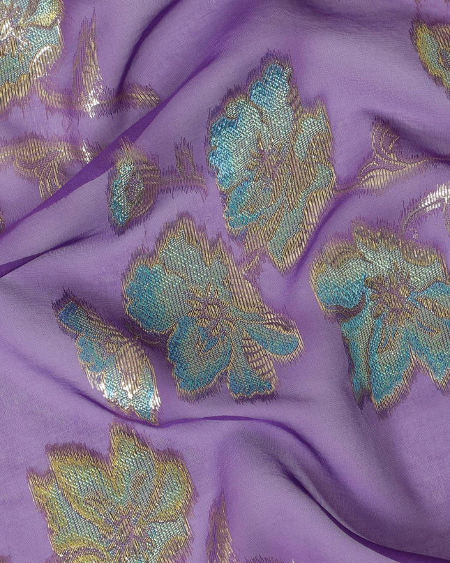 قماش شيفون من الحرير الخالص باللون الأرجواني مع الفيسكوز باللون الأزرق والأخضر الغامق مع اللوريكس المعدني الذهبي بتصميم الأزهار - D14130
