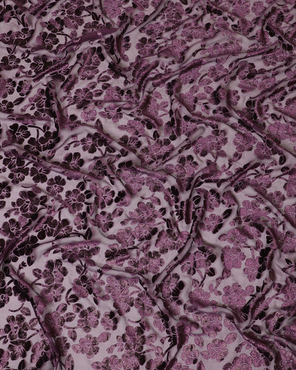 Purple silk chiffon dirac (makmal) fabric with same tone and gold velvet jacquard in floral design-D8653 Regal Fabrics