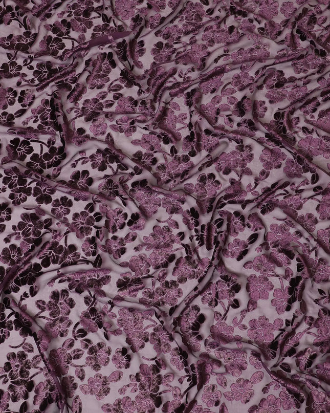 Purple silk chiffon dirac (makmal) fabric with same tone and gold velvet jacquard in floral design-D8653 Regal Fabrics
