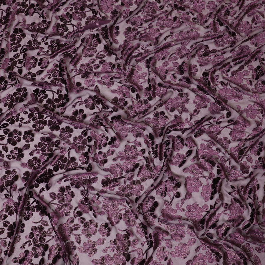Purple silk chiffon dirac (makmal) fabric with same tone and gold velvet jacquard in floral design-D8653 Regal Fabrics