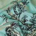قماش شيفون حريري نقي فاخر باللون الأزرق المخضر الفاتح مع قطيع أسود به بريق ولوريكس معدني ذهبي بتصميم زهور-D13723