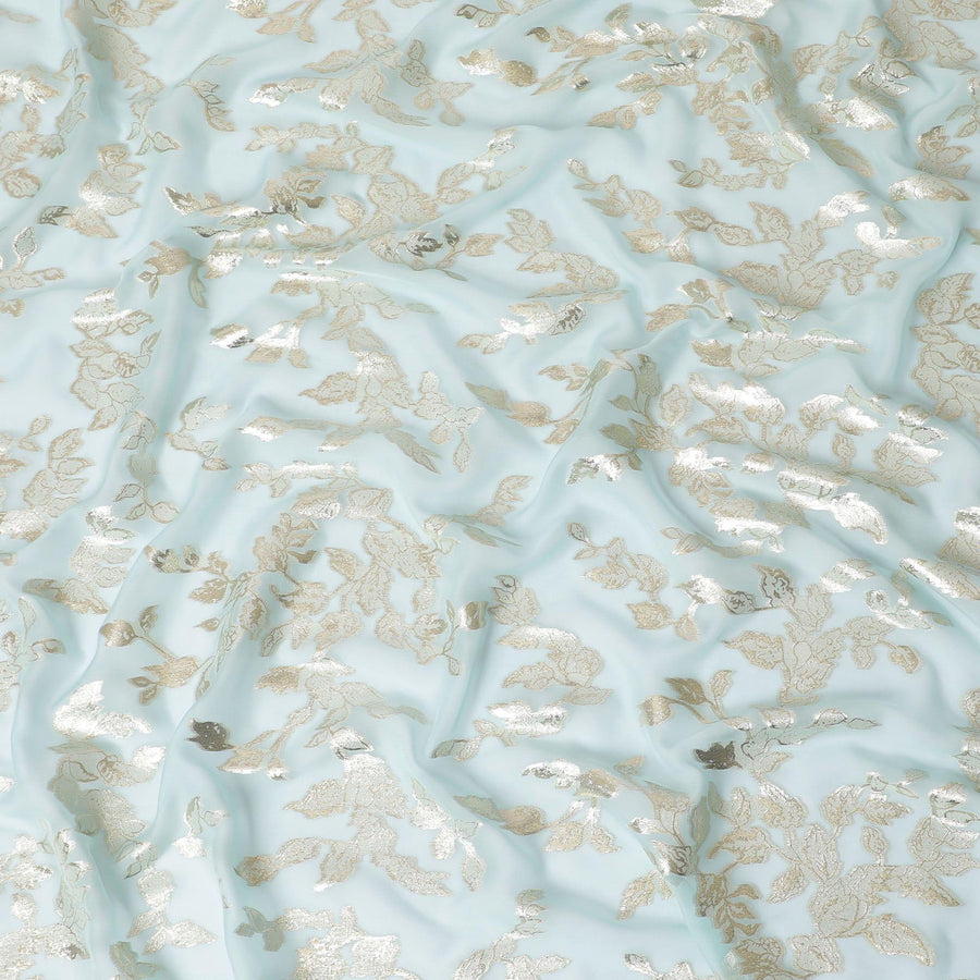 Powder blue Premium pure silk chiffon fabric with gold metallic lurex in leaf design-D15448