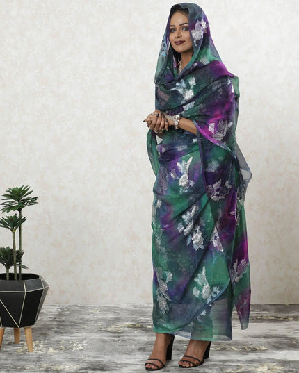 Multicolor Premium pure silk chiffon hand printed thobe with silver metallic lurex in floral design-D9493 Regal Fabrics