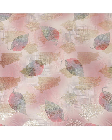 Sand brown synthetic chiffon fabric with same tone, copper and olive green print having gold metallic lurex in Leaf design-D7009 Regal Fabrics