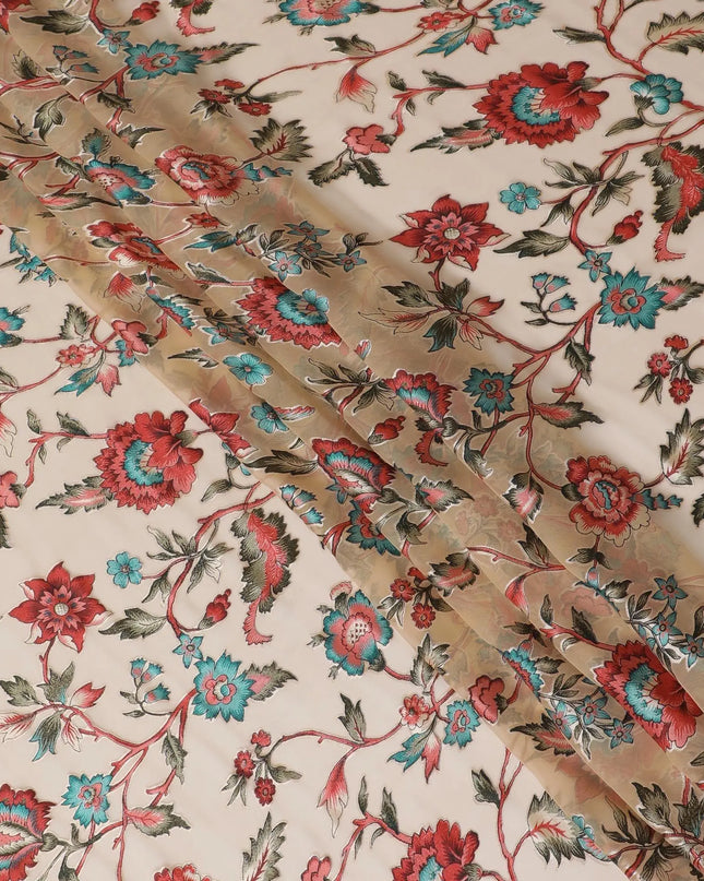 Pale brown synthetic chiffon fabric with multicolor print having jacquard in floral design-D13767 Regal Fabrics