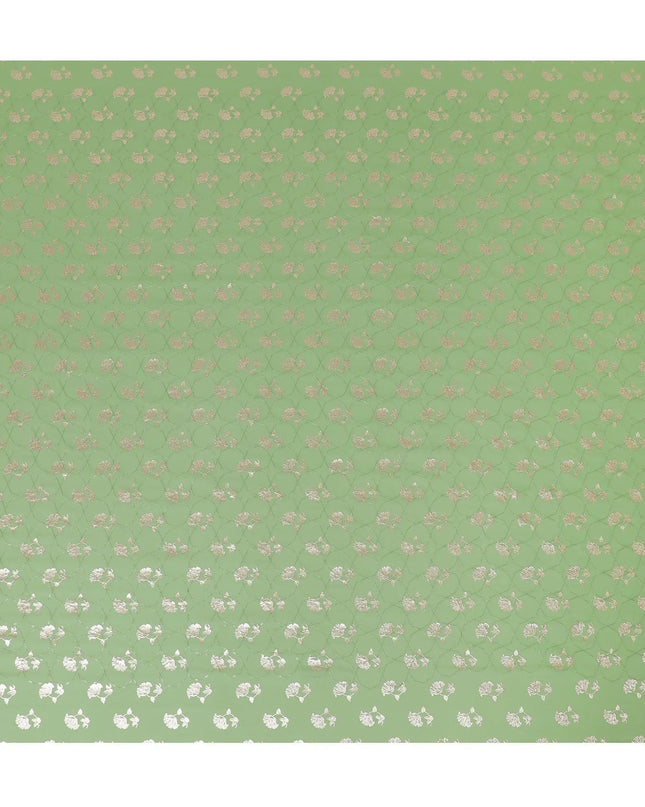 Sage green synthetic georgette fabric with same tone embroidery having gold foil print in floral design-D12030 Regal Fabrics