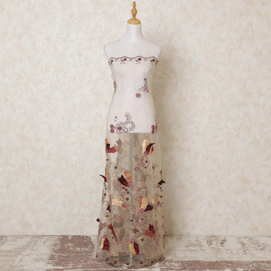 قماش تول نايلون بيج مع تطريز متعدد الألوان مع خرز بتصميم الأزهار-D13922