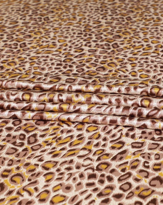 Light pink premium 100% Pure silk satin fabric with pale brown, mustard yellow and chocolate brown print in animal skin design-D9296