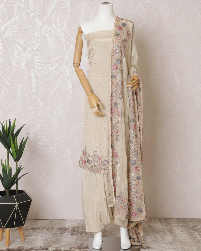 Beige Premium pure silk crepe kameez with multicolor embroidery, bead work, sequin work in floral design. Beige Plain salwar with same tone georgette dupatta having multicolor embroidery and bead work-D15572