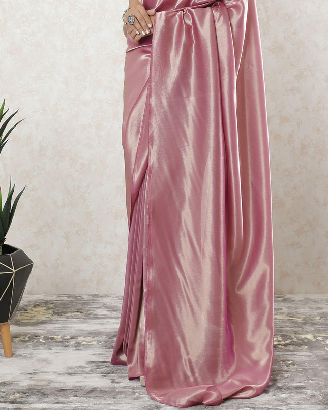Fuchsia pink plain Premium French lame Saree with gold foil finish-D9569