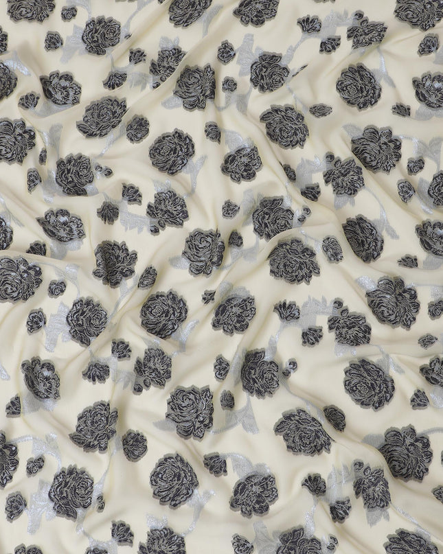 Light gold Premium pure French (Fransawi) silk chiffon fabric with black viscose having baby blue metallic lurex in floral design-D15629