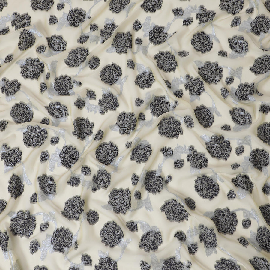 Light gold Premium pure French (Fransawi) silk chiffon fabric with black viscose having baby blue metallic lurex in floral design-D15629