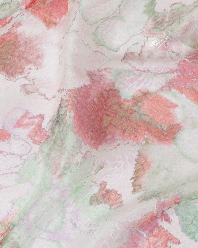 قماش شيفون من الحرير الخالص باللون الأبيض الفاتح مع طباعة متعددة الألوان مع لوريكس معدني باللون الأخضر النيون بتصميم الأزهار-D14653