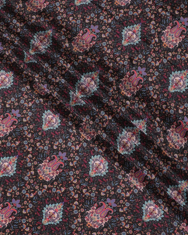 Black synthetic crepe fabric with multicolor print in floral design-D15027