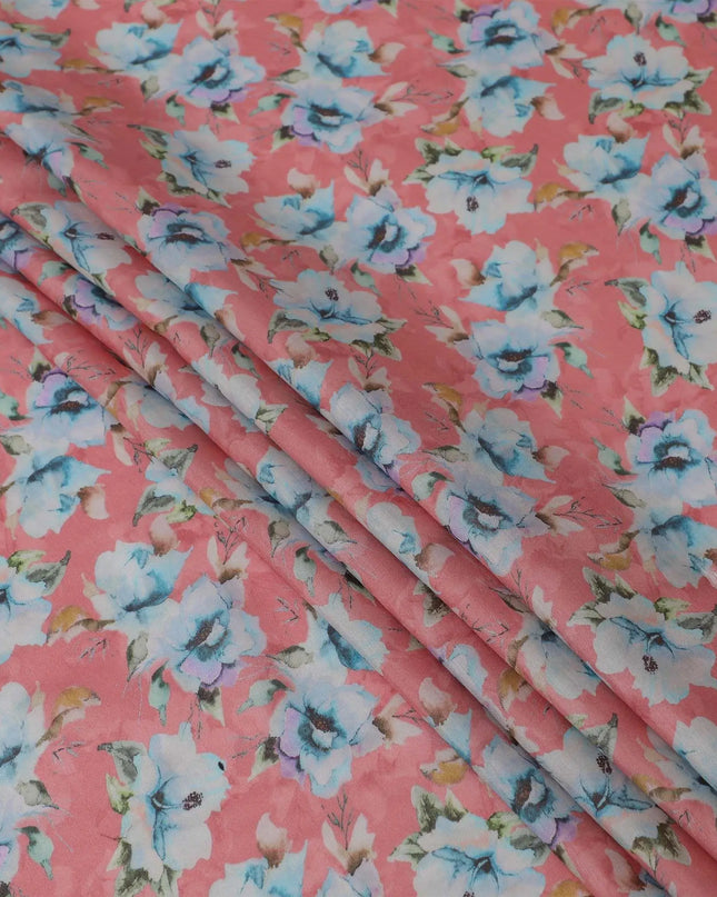 Salmon blended viscose fabric with multicolor print in floral design-D13311 Regal Fabrics