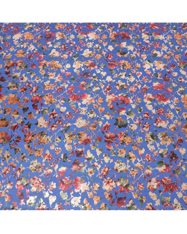Royal blue cotton voile fabric with multicolor metallic foil print in floral design-D9778 Regal Fabrics