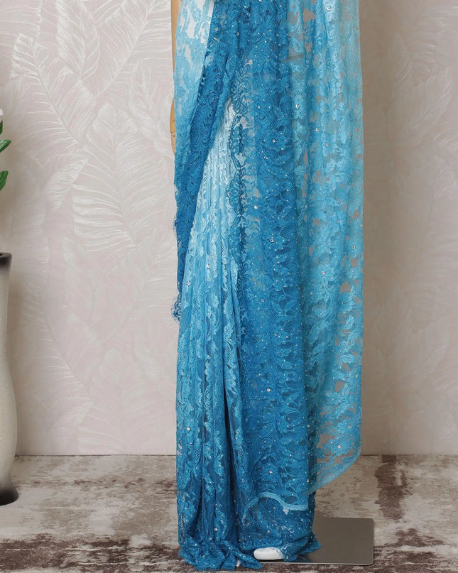 Electric blue to Azure blue Premium pure French chantilly lace saree having stone work in ombre design-D14602 Regal Fabrics