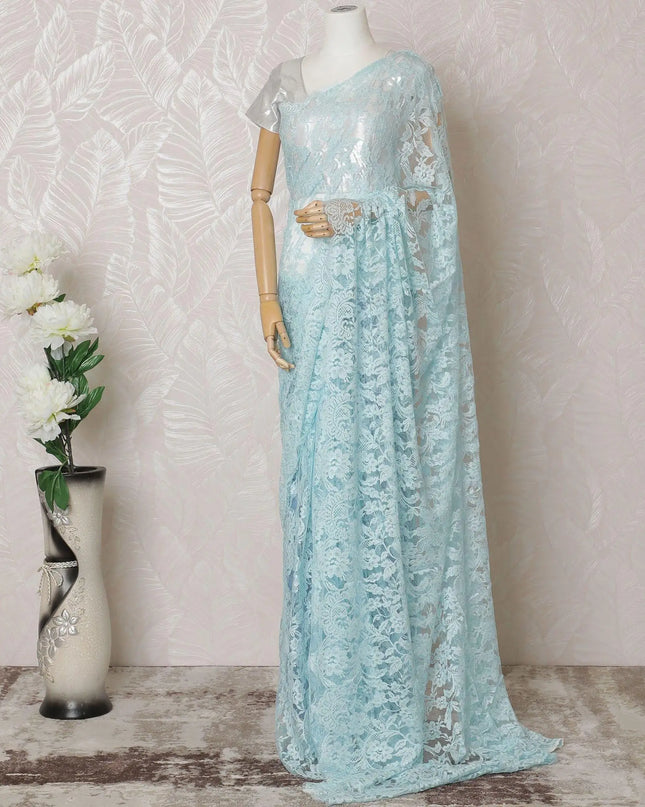 Electric blue Premium pure French chantilly lace saree in floral design-D14569 Regal Fabrics