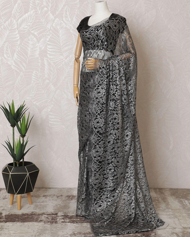 Black, Silver Premium pure French metallic chantilly lace saree in floral design-D15547