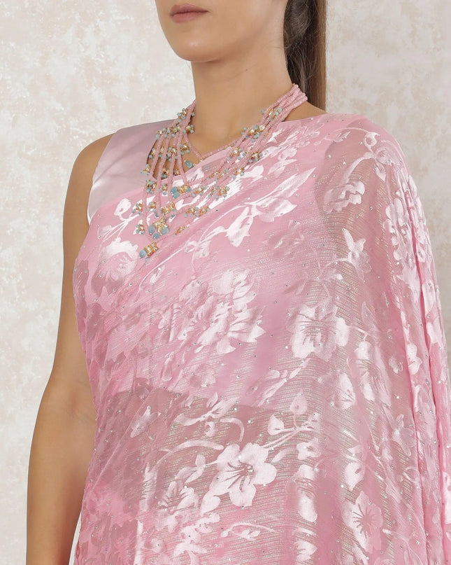 Rouge pink premium pure silk chiffon saree with same tone jacquard having metallic lurex and stone work in floral design-D12591 Regal Fabrics