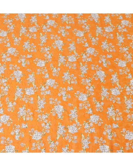 Orange uragiri cotton voile fabric with same tone jacquard grey, black and olive green print in floral design-D14326