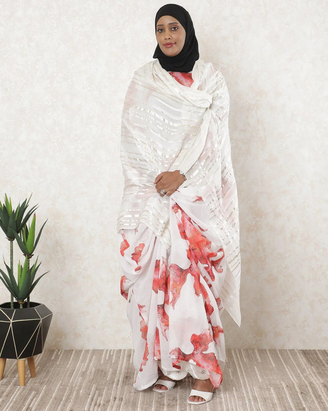 Off white Premium pure silk chiffon garbasaar with gold metallic lurex in stripe design-D11540 Regal Fabrics