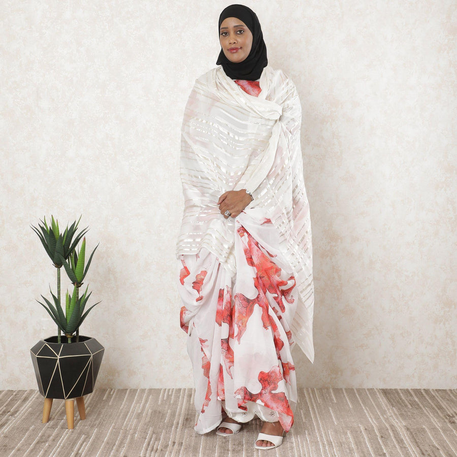 Off white Premium pure silk chiffon garbasaar with gold metallic lurex in stripe design-D11540