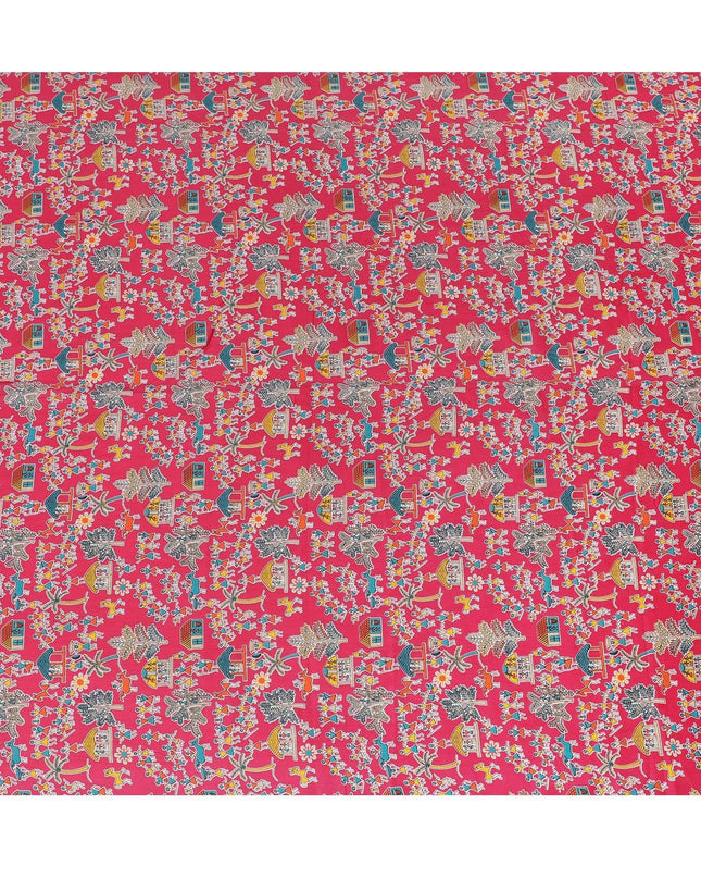 Magenta pink cotton voile fabric with multicolor print in fancy design-D15418 Regal Fabrics