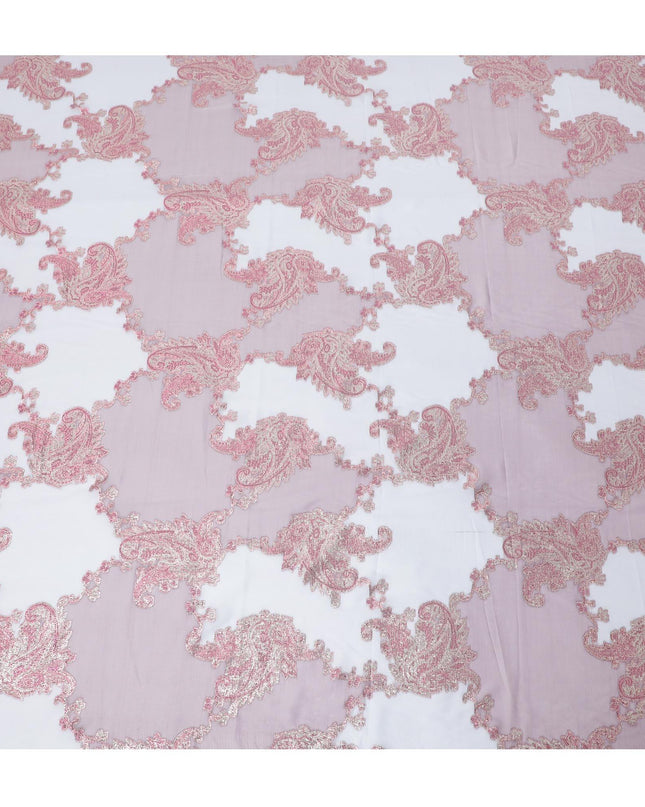 Baby blue Premium pure silk (Dirac) chiffon fabric with brick pink and gold metallic lurex in paisley design-D13409