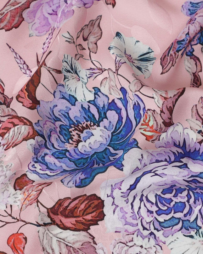Light salmon pink premium pure Italian silk satin fabric with multicolor print in floral design-D13738