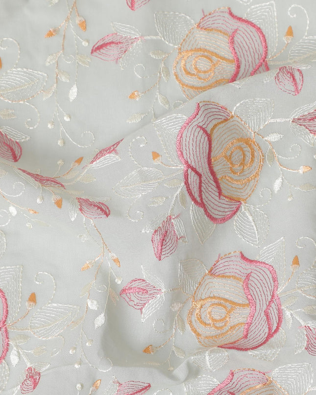 قماش فوال من القطن الخالص الفاخر باللون الأخضر الغار مع تطريز باللون الخوخي والوردي القرميدي والبيج بتصميم الأزهار-D15252