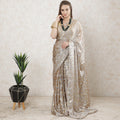Pale brown Premium pure French silk chiffon saree with pearl river grey viscose and gold metallic lurex in floral design-D10205