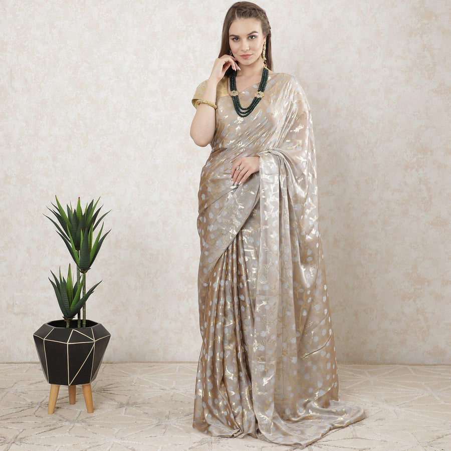 Pale brown Premium pure French silk chiffon saree with pearl river grey viscose and gold metallic lurex in floral design-D10205
