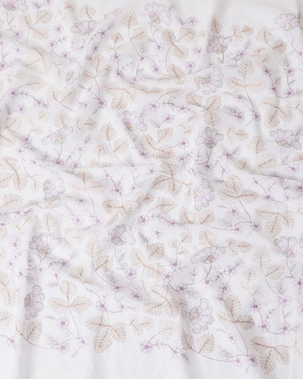 قماش فوال من القطن الخالص الأبيض الفاخر مع تطريز باللون البني والخزامى بتصميم الأزهار-D15231