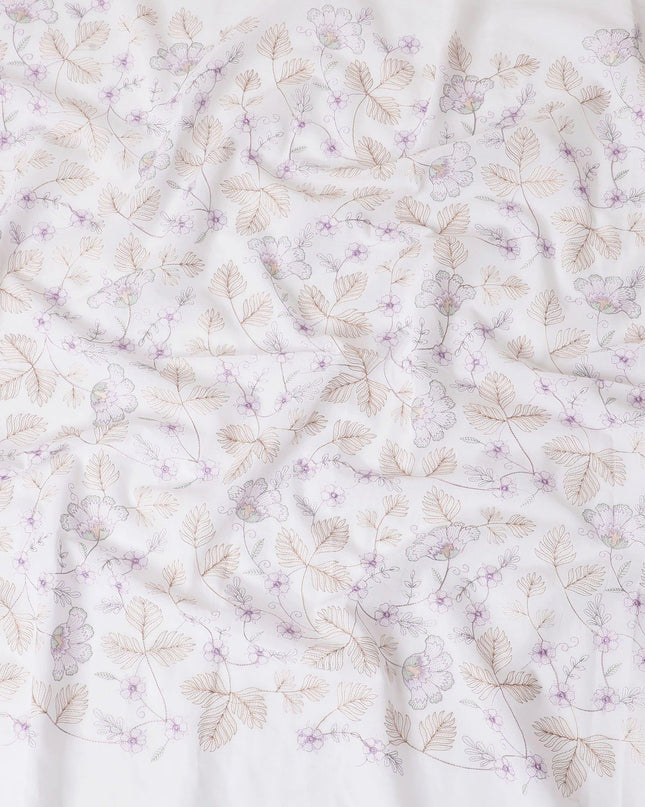 قماش فوال من القطن الخالص الأبيض الفاخر مع تطريز باللون البني والخزامى بتصميم الأزهار-D15231