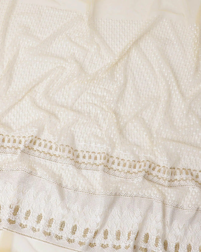 Gold nylon tulle fabric with white and gold embroidery having gold sequins in fancy design-D6906 Regal Fabrics
